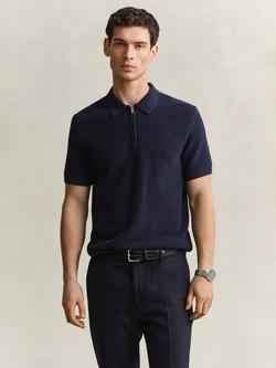 GANT Half-Zip Ribbed Cotton Polo Shirt, Evening Blue, Evening Blue
