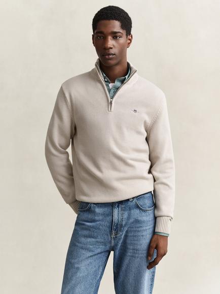 GANT Half Zip Cotton Jumper, Clay Beige, Clay Beige