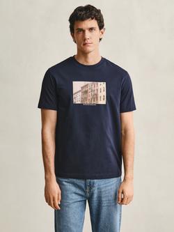 GANT Graphic Print Crew Neck Cotton T-Shirt, Evening Blue, Evening Blue
