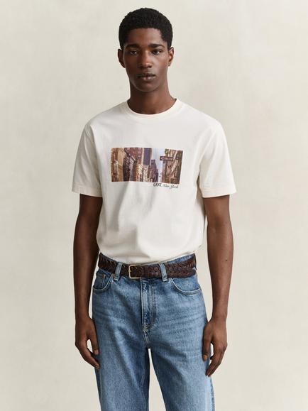 GANT Graphic Print Crew Neck Cotton T-Shirt, Cream, Cream