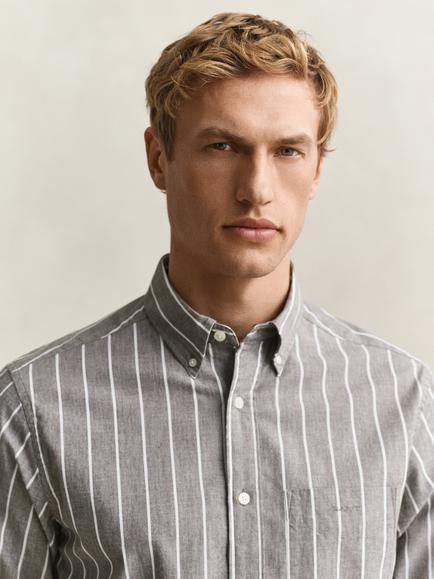 GANT Button Down Stripe Cotton Shirt, Brown Melange - view 2, Brown Melange