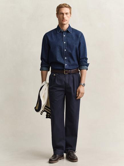 GANT Pleated Straight Cotton Chinos, Evening Blue, Evening Blue