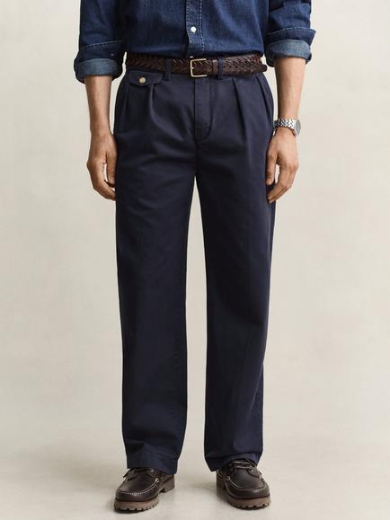 GANT Pleated Straight Cotton Chinos, Evening Blue - view 2, Evening Blue