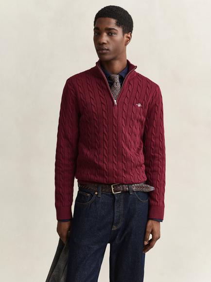 GANT Cable Knit Half-Zip Cotton Jumper, Deep Grape Wine, Deep Grape Wine