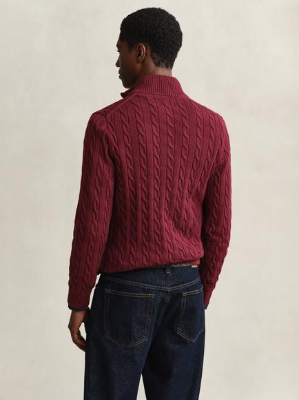 GANT Cable Knit Half-Zip Cotton Jumper, Deep Grape Wine - view 2, Deep Grape Wine