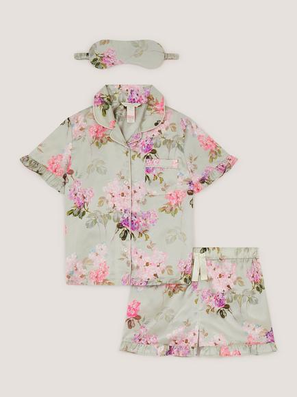 Monsoon Kids' Floral Satin Short Pyjama Set, Green, Green