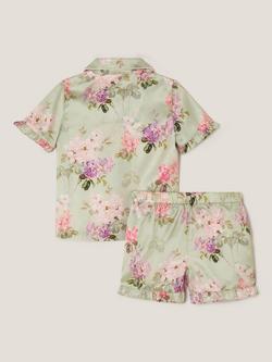 Monsoon Kids' Floral Satin Short Pyjama Set, Green - view 2, Green