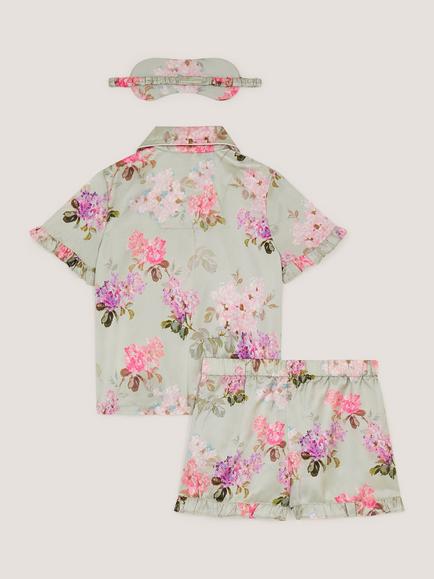 Monsoon Kids' Floral Satin Short Pyjama Set, Green - view 2, Green