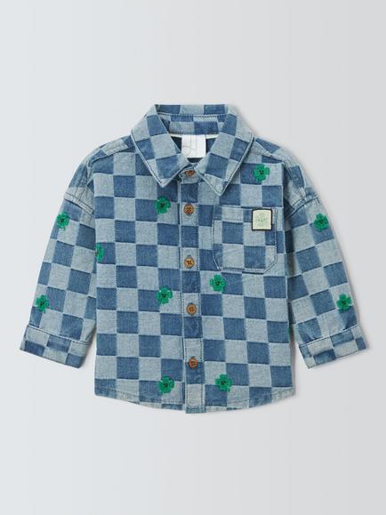 John Lewis Baby Cotton Denim Check Shirt, Mid Wash, Mid Wash