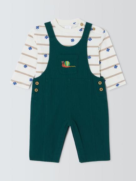 John Lewis Baby Clover Dungarees & Long Sleeve Top Set, Dark Green, Dark Green
