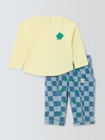 John Lewis Baby Cotton Clover T-Shirt & Check Trousers Set, Mid Wash, Mid Wash