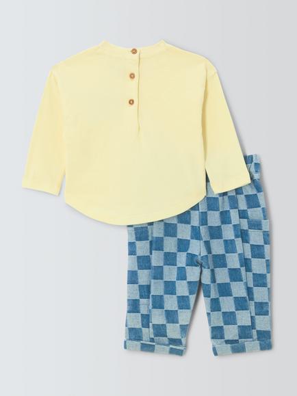 John Lewis Baby Cotton Clover T-Shirt & Check Trousers Set, Mid Wash - view 2, Mid Wash