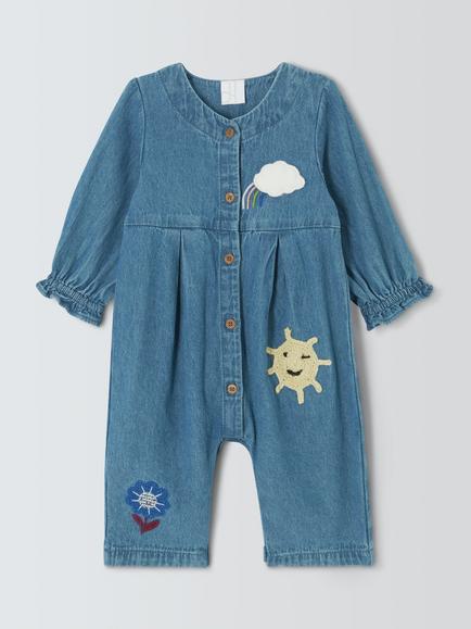 John Lewis Baby Happy Denim Romper, Mid Wash, Mid Wash