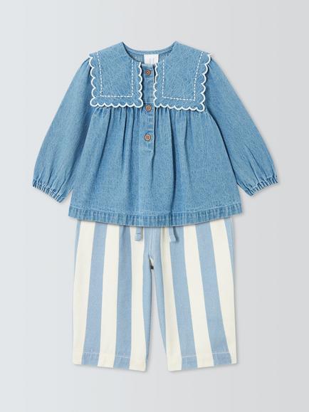 John Lewis Baby Denim Collar Top & Stripe Trousers Set, Mid Wash, Mid Wash