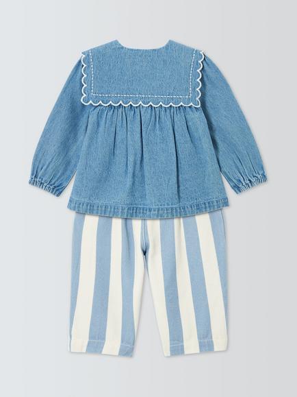 John Lewis Baby Denim Collar Top & Stripe Trousers Set, Mid Wash - view 2, Mid Wash
