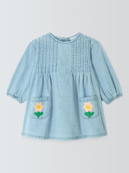 John Lewis Baby Cotton Denim Floral Pocket Dress, Mid Wash, Mid Wash