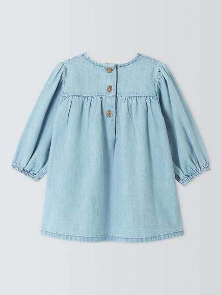 John Lewis Baby Cotton Denim Floral Pocket Dress, Mid Wash - view 2, Mid Wash