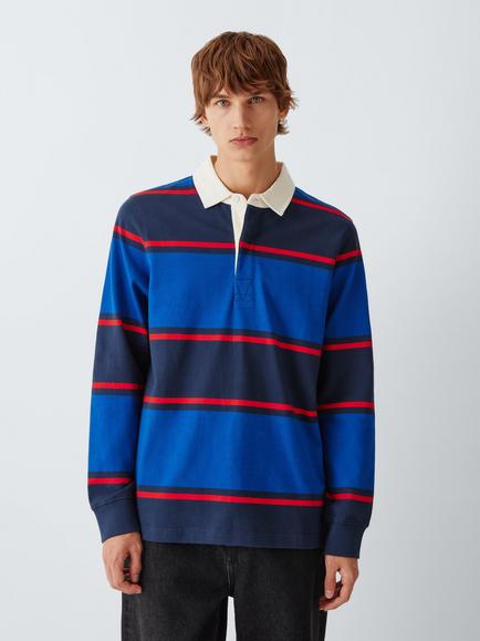 John Lewis Stripe Cotton Rugby Shirt, Navy/Red - view 2, Navy/ Red