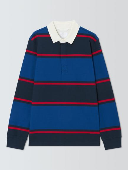 John Lewis Stripe Cotton Rugby Shirt, Navy/Red, Navy/ Red