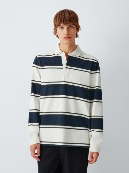 John Lewis Stripe Cotton Rugby Shirt, Olive/Egret/Blue, Olive/Egret/Blue