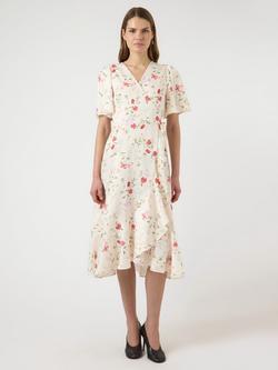 YAS Thea Floral Short Sleeve V-Neck Wrap Midi Dress, Pristine Botalia, Pristine Botalia