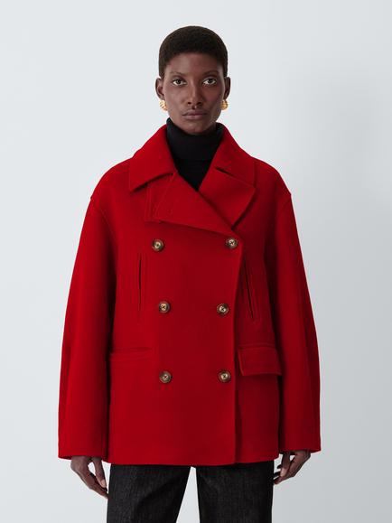 John Lewis Double Breasted Wool Blend Peacoat, Red, Red