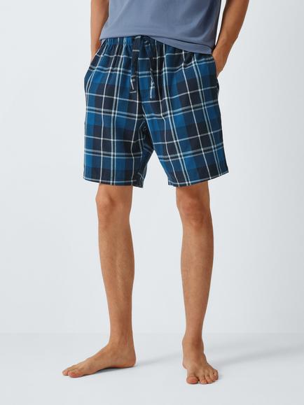 John Lewis Organic Cotton Check Pyjama Shorts, Blue Navy, Blue Navy