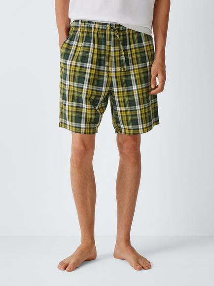 John Lewis Organic Cotton Check Pyjama Shorts, Green Mid, Green Mid
