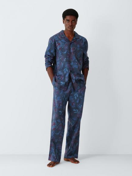 John Lewis Organic Cotton Floral Print Pyjama Set, Blue Navy, Blue Navy