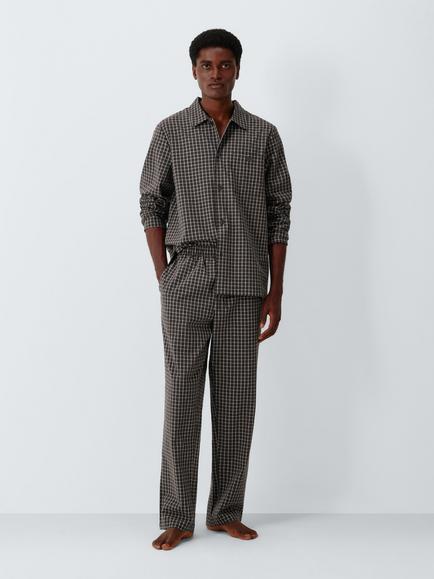 John Lewis Organic Cotton Seersucker Check Pyjama Set, Brown Mid, Brown Mid