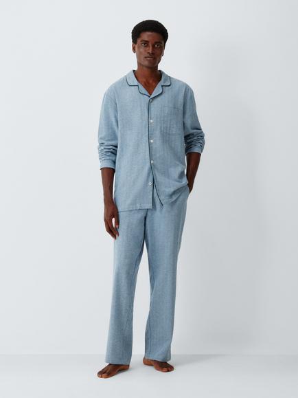 John Lewis Organic Cotton Herringbone Pyjama Set, Blue Mid, Blue Mid