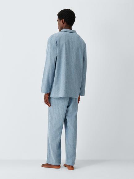 John Lewis Organic Cotton Herringbone Pyjama Set, Blue Mid - view 2, Blue Mid