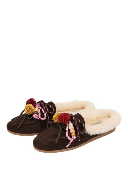 Nokwol Coco Fur Suede Mules - view 2, Brown Chocolate
