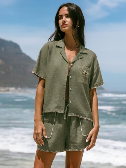 Chelsea Peers Palm Tree Linen Rich Beach Shirt, Green, Green