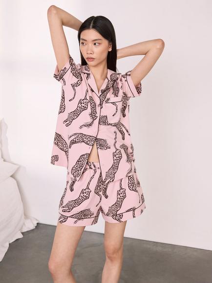 Chelsea Peers Leopard Print Button Through Short Cotton Blend Pyjama Set, Pink, Pink