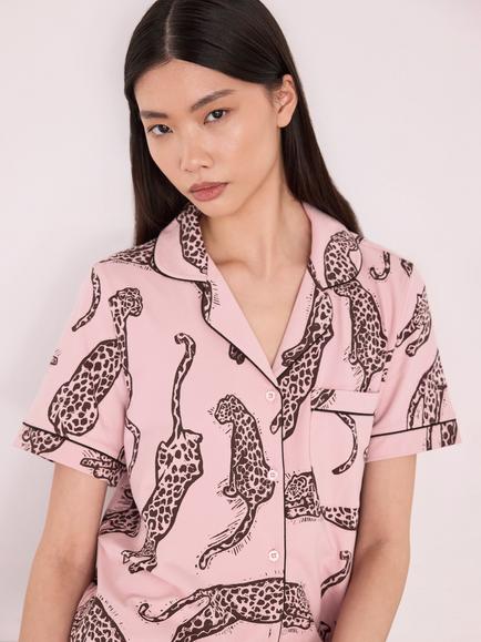 Chelsea Peers Leopard Print Button Through Short Cotton Blend Pyjama Set, Pink - view 2, Pink