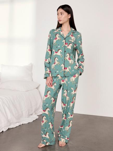 Chelsea Peers Carousel Horse Print Button Through Long Cotton Blend Pyjama Set, Teal, Teal