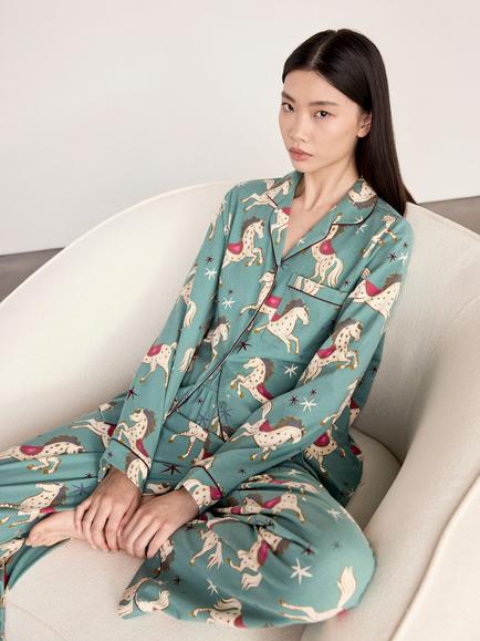 Chelsea Peers Carousel Horse Print Button Through Long Cotton Blend Pyjama Set, Teal - view 2, Teal