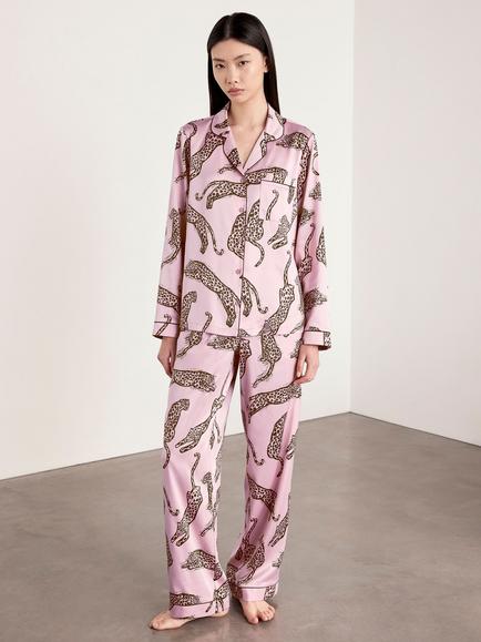 Chelsea Peers Leopard Print Button Through Long Pyjama Set, Pink, Pink