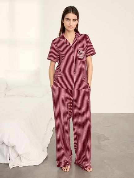 Chelsea Peers Good Night Stripe Button Through Long Cotton Blend Pyjama Set, Multi, Multi