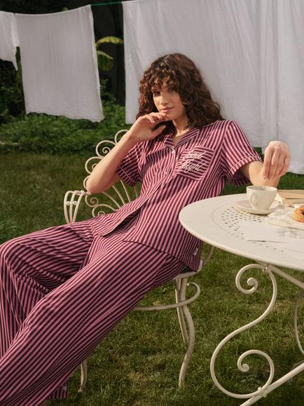 Chelsea Peers Good Night Stripe Button Through Long Cotton Blend Pyjama Set, Multi - view 2, Multi