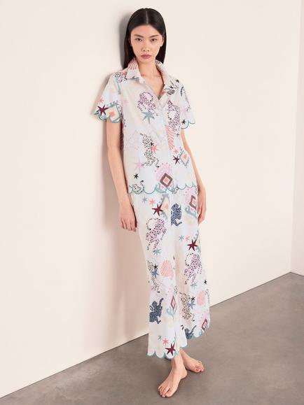 Chelsea Peers Bohemian Leopard Button Through Long Cotton Pyjama Set, Off White Print, Off White Print