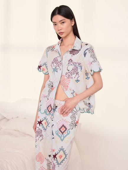 Chelsea Peers Bohemian Leopard Button Through Long Cotton Pyjama Set, Off White Print - view 2, Off White Print