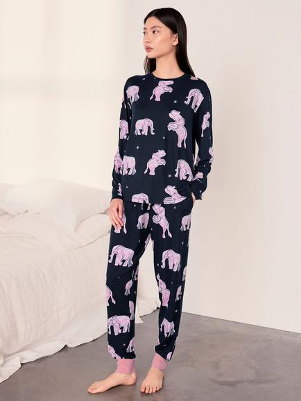 Chelsea Peers Elephant Dreamscape Print Long Pyjama Set, Navy, Navy
