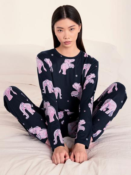 Chelsea Peers Elephant Dreamscape Print Long Pyjama Set, Navy - view 2, Navy
