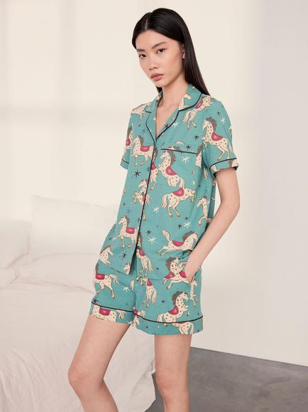 Chelsea Peers Carousel Horse Print Button Through Short Cotton Blend Pyjama Set, Teal, Teal