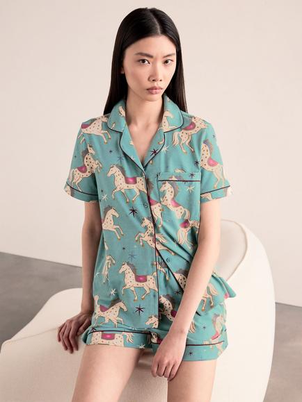 Chelsea Peers Carousel Horse Print Button Through Short Cotton Blend Pyjama Set, Teal - view 2, Teal