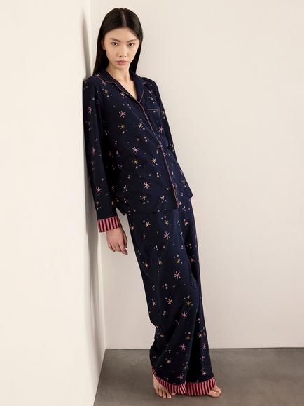 Chelsea Peers Starlight Print Button Through Long Cotton Blend Pyjama Set, Navy, Navy