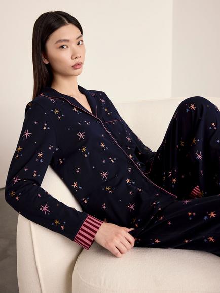 Chelsea Peers Starlight Print Button Through Long Cotton Blend Pyjama Set, Navy - view 2, Navy