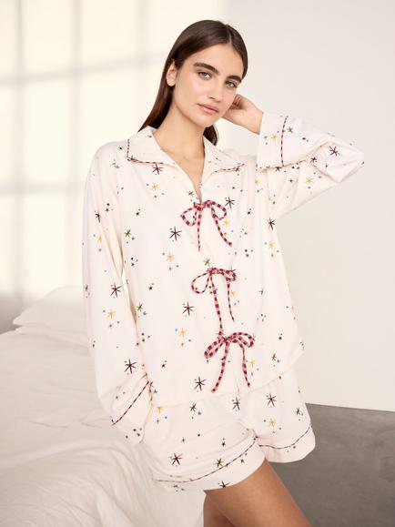 Chelsea Peers Starlight Short Cotton Blend Pyjama Set, Off White Print, Off White Print